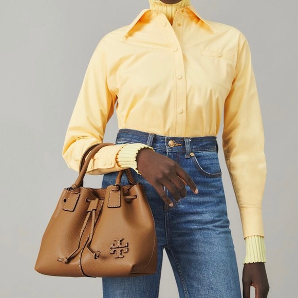 Tory Burch Mcgraw Bucket Drawstring Leather Satchel In Tiramisu - Picture 6 of 8